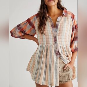 Free People Size Medium Cream Plaid Short Puff Sleeve Relaxed Fit Blouse NWT